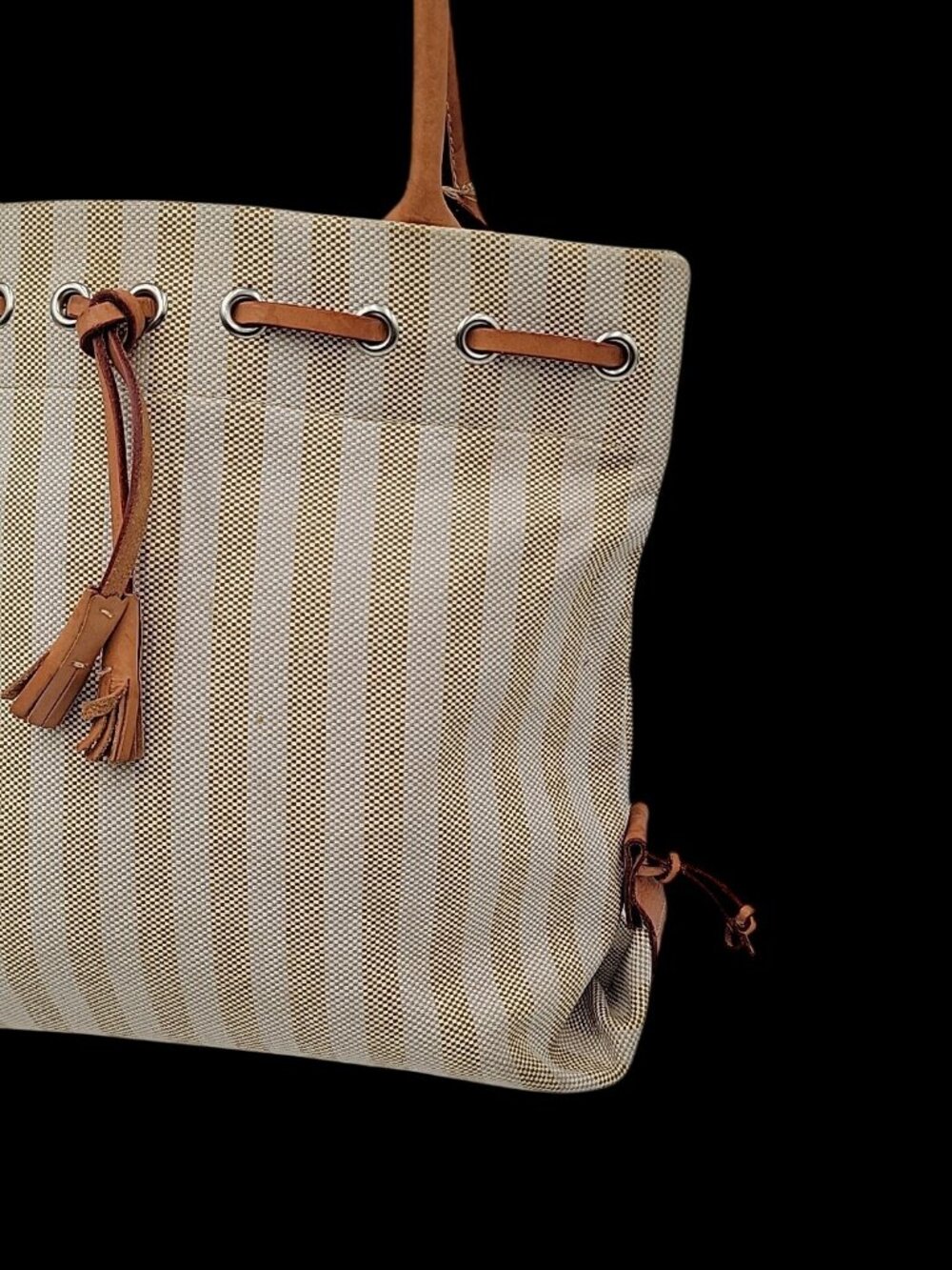 Vintage Dooney And Bourke Striped Tassel Tote Bag Leather Trip Beige & Creme - Picture 2 of 16